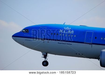 Amsterdam the Netherlands - April 2nd 2017: PH-AOM KLM Royal Dutch Airlines Airbus A330 takeoff from Polderbaan runway Amsterdam Airport Schiphol