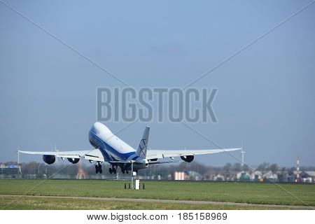 Amsterdam the Netherlands - April 2nd 2017: VQ-BLR AirBridgeCargo Boeing 747-8F takeoff from Polderbaan runway Amsterdam Airport Schiphol