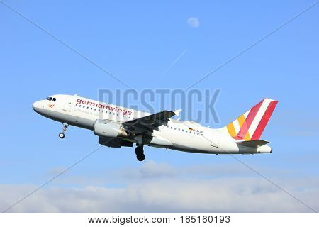 Amsterdam the Netherlands - April 7th 2017: D-AKNO Germanwings Airbus A319 takeoff from Polderbaan runway Amsterdam Airport Schiphol
