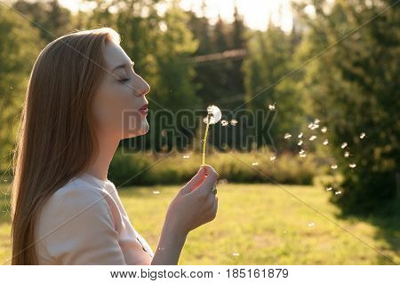 Lovely young girl blowing on a dandelion. Portrait of an outdoor lifestyle. Spring annotation