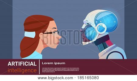 Artificial Intelligence Woman With Modern Robot Brain Technology Flat Vector Illustration