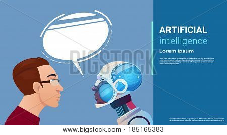 Artificial Intelligence Man Communication With Modern Robot Brain Technology Flat Vector Illustration