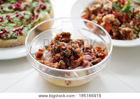 authentic greek food dishes from Santorini. selective focus.