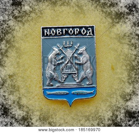 USSR - circa 1977: a badge with the coat of arms of the city of Novgorod, Novgorod region from the series 