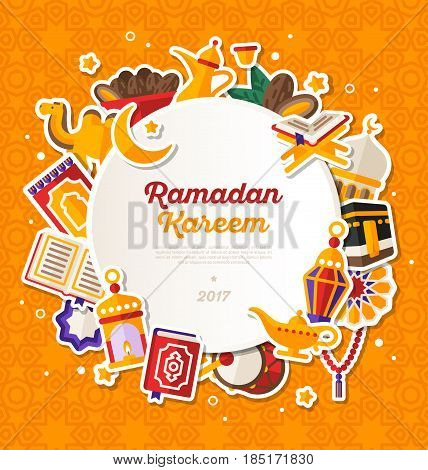 Ramadan Kareem Banner With Flat Sticker Icons Set. Vector illustration. Islamic Concept. Circle White Frame with Place for your Text on Orange Background. Quran, Traditional Lanterns, Dates