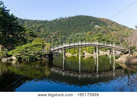 Japanese Ritsurin park and bridge