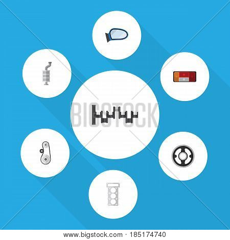 Flat Auto Set Of Cambelt, Silencer, Auto Component And Other Vector Objects. Also Includes Pulley, Muffler, Taillight Elements.