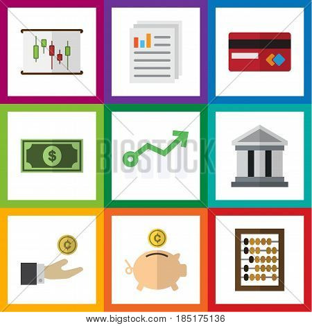 Flat Exchequer Set Of Document, Bank, Counter And Other Vector Objects. Also Includes Paper, Credit, Building Elements.