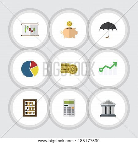 Flat Exchequer Set Of Calculate, Cash, Growth And Other Vector Objects. Also Includes Umbrella, Finance, Pie Elements.