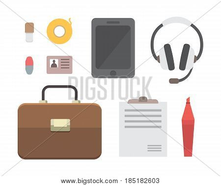 Workplace with mobile devices and documents. Office personal and Business Icons vector set. work table with gadget laptop flat illustration iolated
