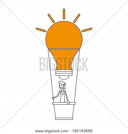 color silhouette image ligth bulb hot air balloon with woman inside vector illustration