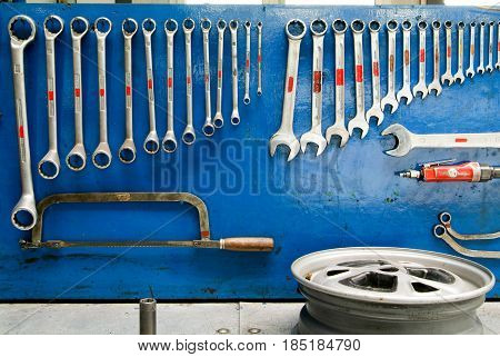 Lugano, Switzerland 25 March 2010: Garage tools on a wall