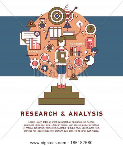 Doodle style concept of general research and analysis, problem solving, collecting data, scientific technologies approach. Flat illustration for web banners, hero images.