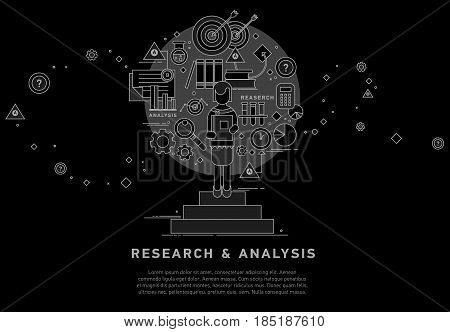 Doodle style concept of general research and analysis, problem solving, collecting data, scientific technologies approach. Flat illustration for web banners, hero images.