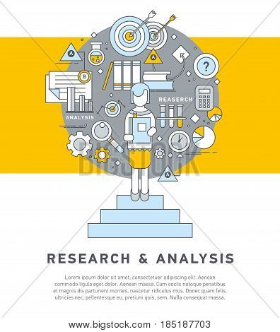 Doodle style concept of general research and analysis, problem solving, collecting data, scientific technologies approach. Flat illustration for web banners, hero images.