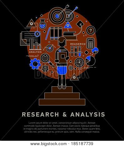 Doodle style concept of general research and analysis, problem solving, collecting data, scientific technologies approach. Flat illustration for web banners, hero images.