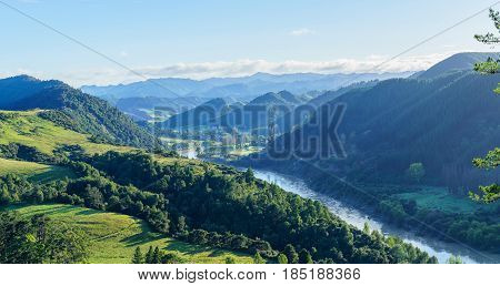 Panoramic beautiful scenery of Whanganui river road in National Park in Autumn Whanganui North Island of New Zealand