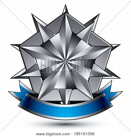 Heraldic 3d glossy blue and gray icon - can be used in web and graphic design complicated silver star placed over shield magnificent element with elegant ribbon clear EPS 8 vector.