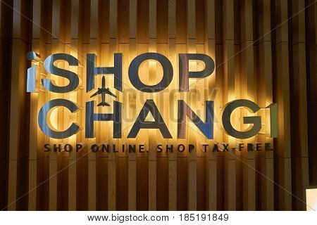 SINGAPORE - CIRCA AUGUST, 2016: close up shot of Shop Changi sign at Singapore Changi Airport. Changi Airport is one of the largest transportation hubs in Southeast Asia.