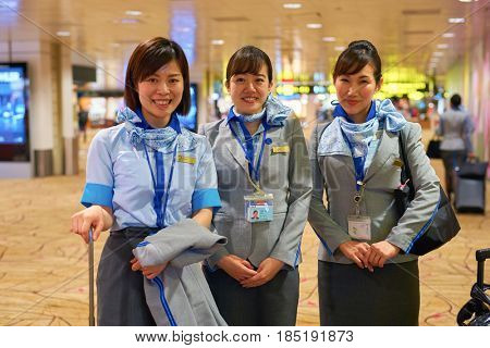 SINGAPORE - CIRCA SEPTEMBER, 2016: ANA cabin crew in Singapore Changi Airport. All Nippon Airways Co., Ltd.  is the largest airline in Japan.
