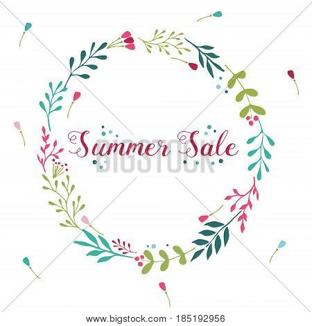 Sale floral wreath with hand drawn elements ant text