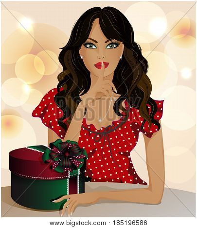 A beautiful girl with a gift in a box. It shows the sign 
