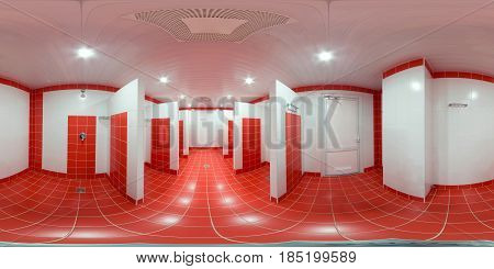 Panorama of 360 degrees inside the shower complex of the sports club with gutters and shower partitions of red color and vyatyazhkoy on the ceiling in equidistant projection.