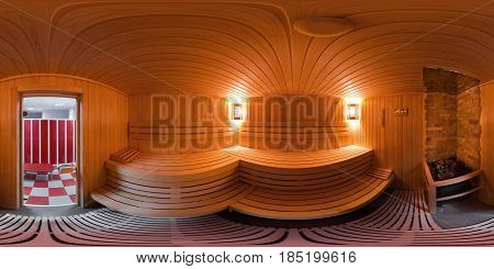Virtual tour of the sauna in the locker room of the sports club. Equidistant panorama inside the sauna complex of saunas for men and women in the sports club.