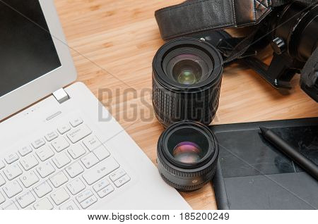 Professional Photography Editing Equipment With Camera And Laptop