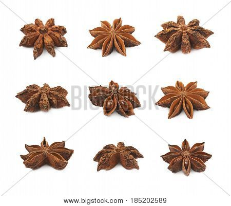 Single Chinese star anise seed isolated over the white background, set of nine different foreshortenings