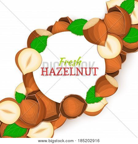 Round white frame on hazelnut nut diagonal composition background. Vector card illustration. Nuts frame, filbert fruit in the shell, whole, shelled, leaves for packaging design of healthy food, menu