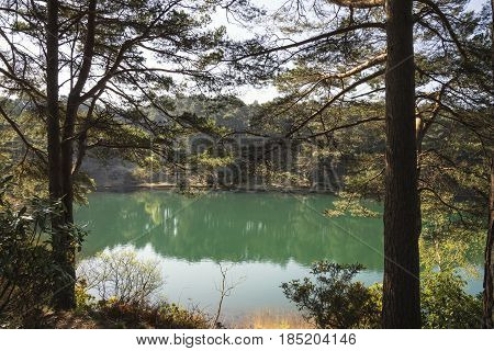 Beautiful Vibrant Landscape Image Of Old Clay Pit Quarry Lake With Unusual Colored Green Water