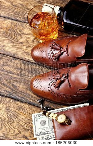 Brown Brogues, And Men's Accessroies Cufflinks,golden Watch, Tobaco Pipe , Ginger,bottle And Glas Of