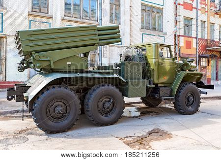 Samara Russia - May 6 2017: BM-21 Grad 122-mm Multiple Rocket Launcher on Ural-375D chassis at the city street in Samara Russia
