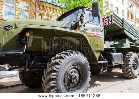 Samara Russia - May 6 2017: BM-21 Grad 122-mm Multiple Rocket Launcher on Ural-375D chassis at the city street in Samara Russia