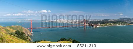 High resolution stitched panorama of the Golden Gate Bridge and San Francisco taken from Marin Headlands on clear spring day