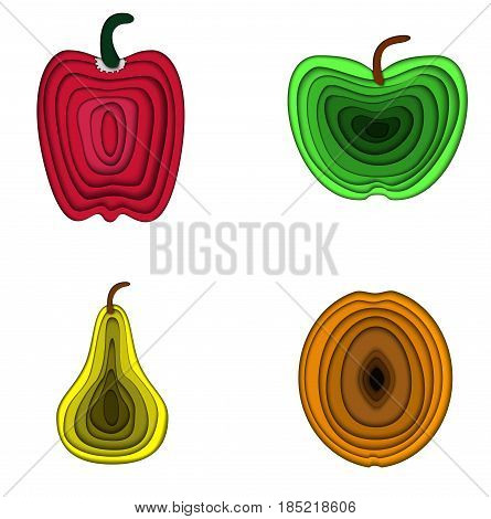 Vector illustration 3d set of fruits. Pear, apple, paprika and apricot made in paper three-dementional style. Colorful illustration.