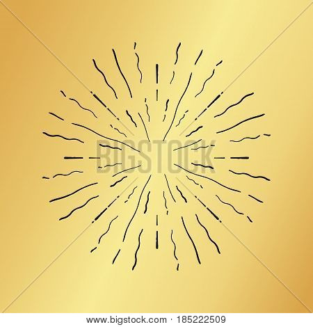 Vector sun burst vintage hand drawn hipster retro ray logo template. Golden shiny metal texture background. Radial thin ink brush black paint lines. Banner design explosion concept idea frame border.