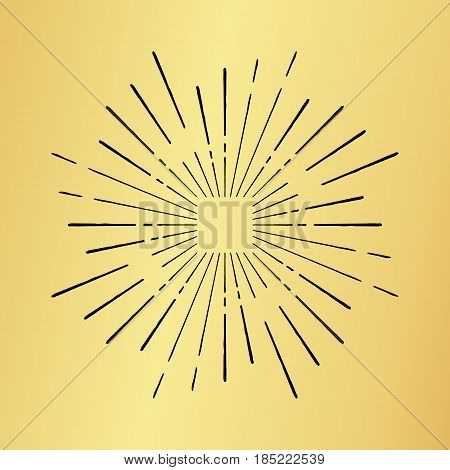 Vector sun burst vintage hand drawn hipster retro ray logo template. Golden shiny metal texture background. Radial thin ink brush black paint lines. Banner design explosion concept idea frame border.
