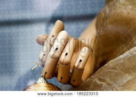 Close Up Of A Hand Of A Big Wooden Man Model For Painting. Fingers