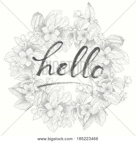 Vector hand drawing word Hello. Detailed flower wreath backdrop. Isolated, vintage style
