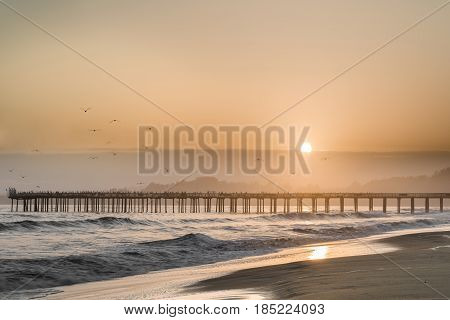 Birds Fly Into The Sunset Skies of Seacliff State Beach. Aptos, Santa Cruz County, California USA.