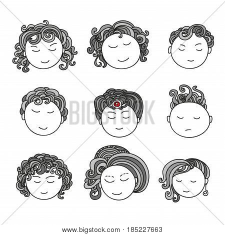 Set of nine different cute hand drawn faces. Doodle collection of avatars. Artistic design elements. Vector Illustration isolated on background.