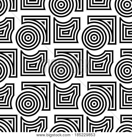 Geometric round shape seamless pattern. Black and white circles and rhombus. Vector illustration