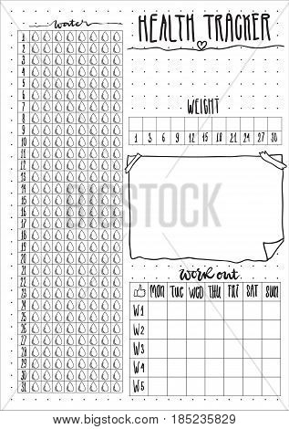 Health Tracker. Organizer page. Cute life notebook