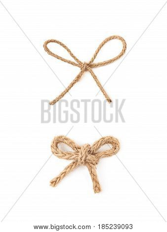 Bow knot made of linen rope string isolated over the white background, set of two different foreshortenings