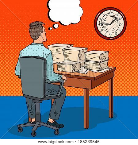Overworked Businessman with Stack of Papers. Overtime at Work. Pop Art vector illustration