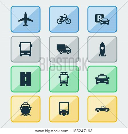 Transportation Icons Set. Collection Of Bicycle, Cab, Streetcar And Other Elements. Also Includes Symbols Such As Omnibus, Tram, Flight.