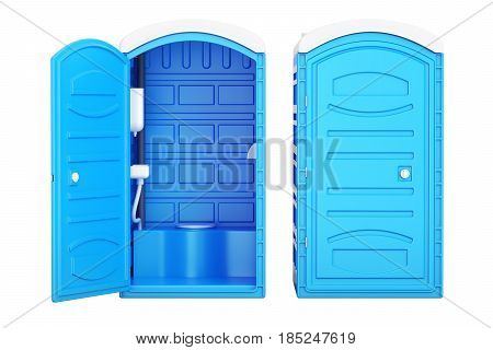 Opened and closed mobile portable blue plastic toilets 3D rendering