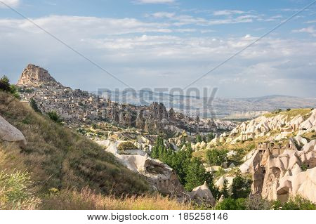 Pigeon valley and Ushisar castle in Cappadocia Central AnatoliaTurkey